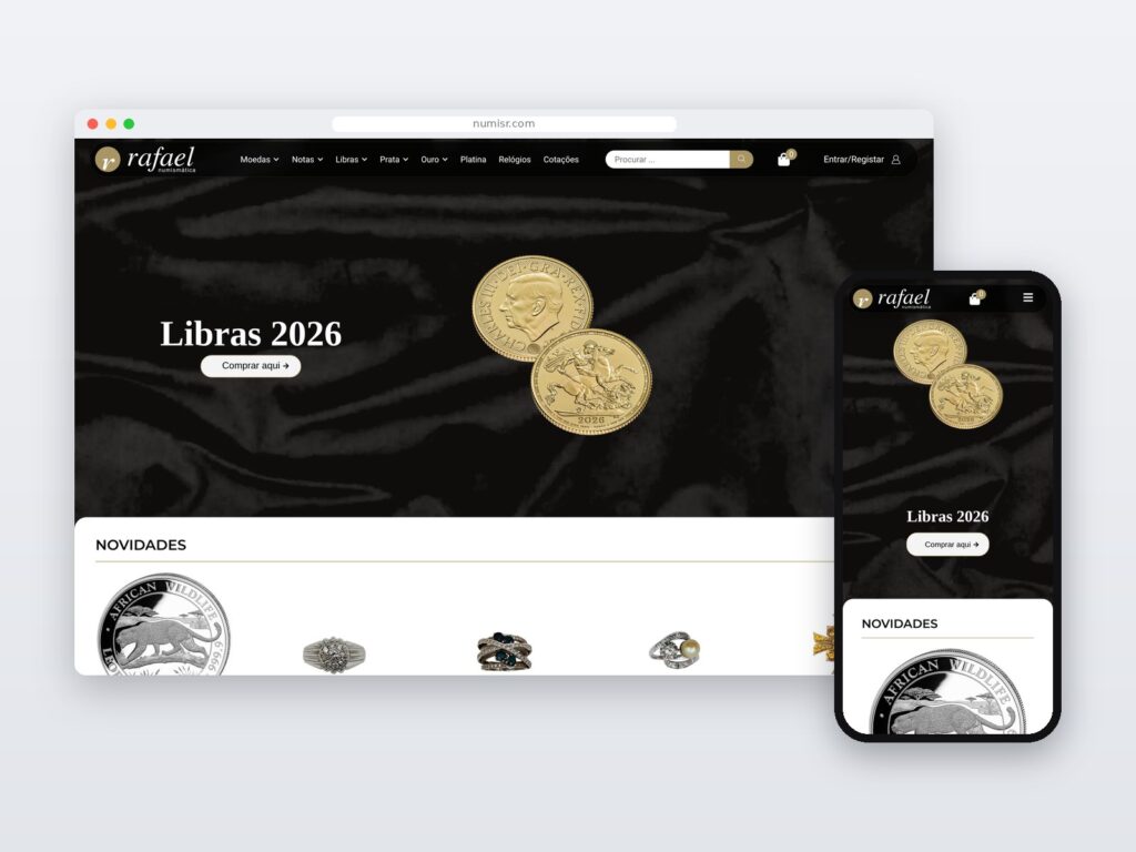 Numismática Rafael — site em computador e telemóvel